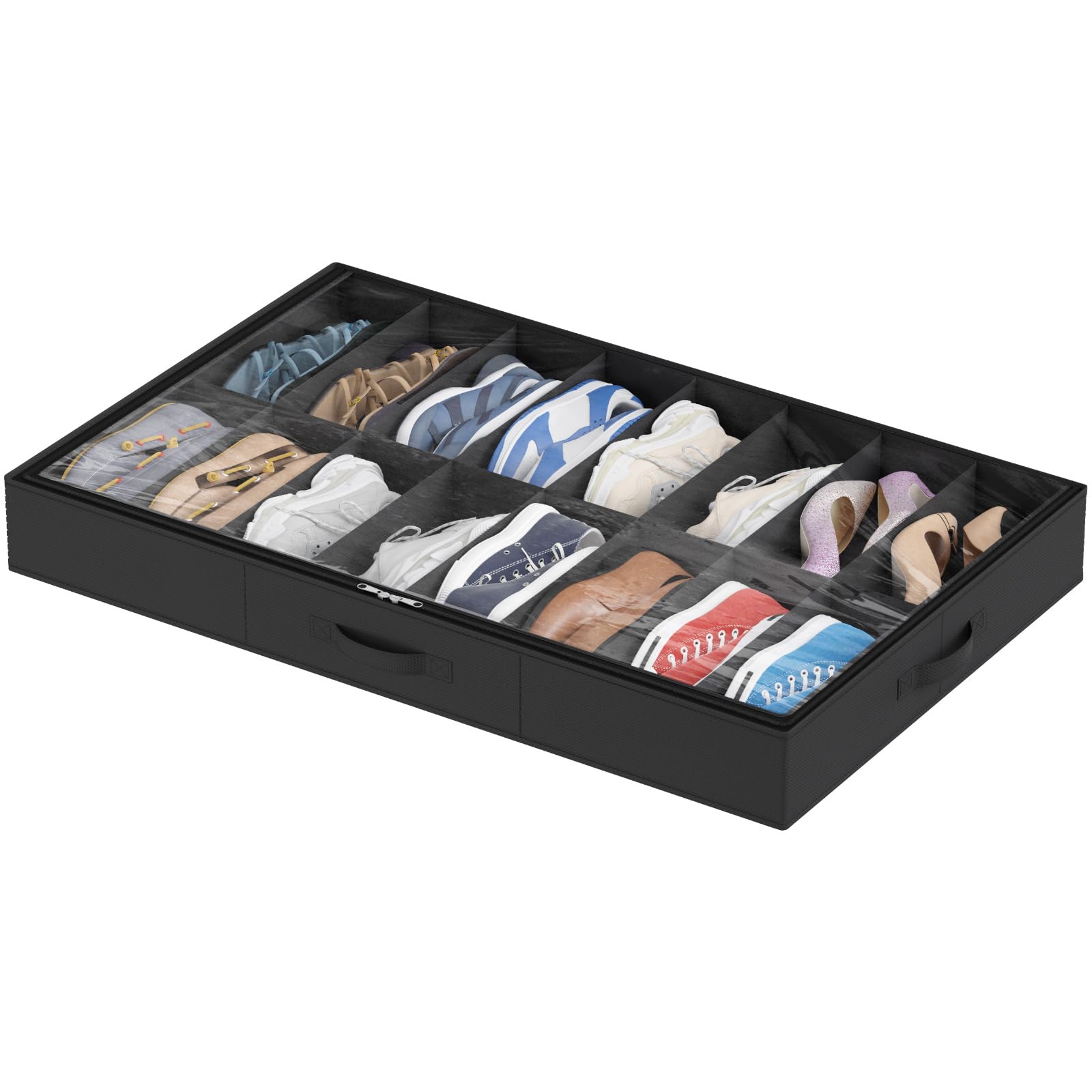 Lifewit Under Bed Shoe Storage Organizer 2 Pack(12 Shoes Cells), 4.3 Inches Profile Fabric Shoes Container Box with Clear Cover, Foldable Storage Bag with 2 Handles, Fits 12 to 24 Pairs