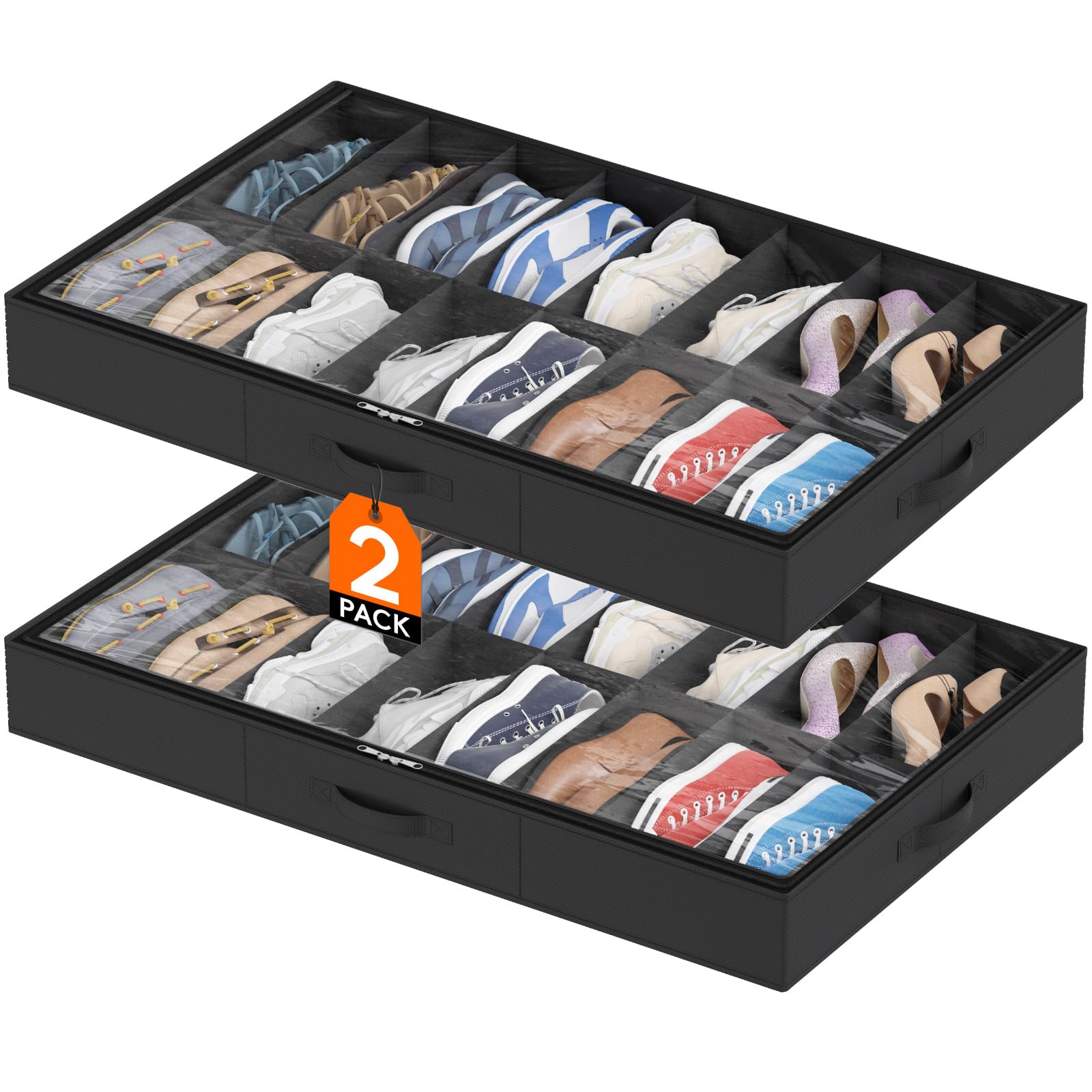 Lifewit Under Bed Shoe Storage Organizer 2 Pack(12 Shoes Cells), 4.3 Inches Profile Fabric Shoes Container Box with Clear Cover, Foldable Storage Bag with 2 Handles, Fits 12 to 24 Pairs