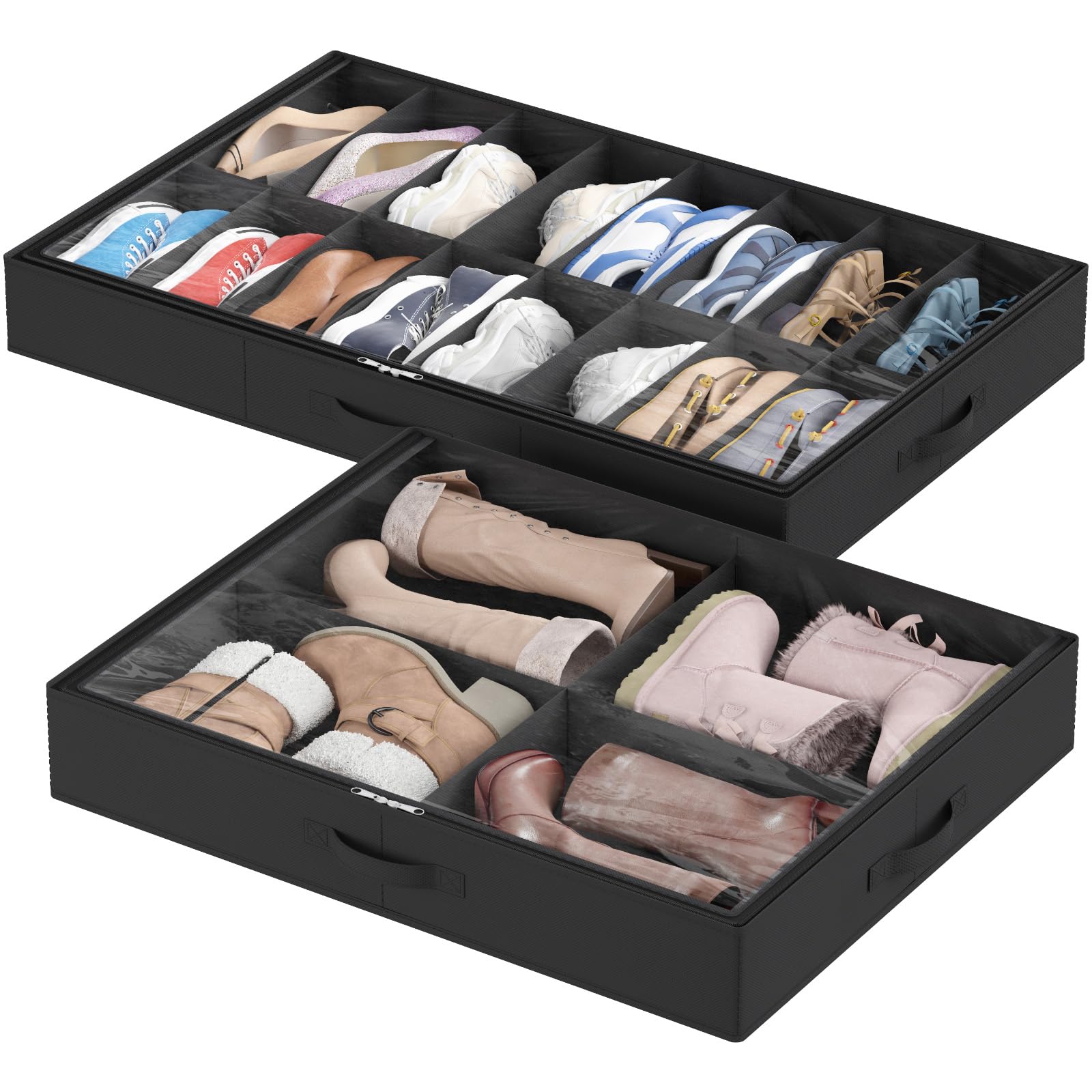 Lifewit Under Bed Shoe Storage Organizer 2 Pack(12 Shoes Cells), 4.3 Inches Profile Fabric Shoes Container Box with Clear Cover, Foldable Storage Bag with 2 Handles, Fits 12 to 24 Pairs