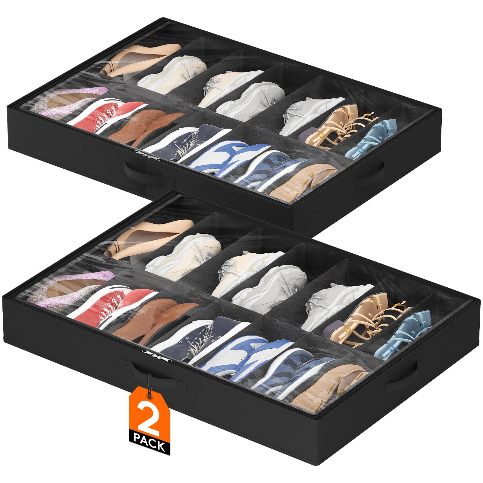 Lifewit Under Bed Shoe Storage Organizer 2 Pack(12 Shoes Cells), 4.3 Inches Profile Fabric Shoes Container Box with Clear Cover, Foldable Storage Bag with 2 Handles, Fits 12 to 24 Pairs