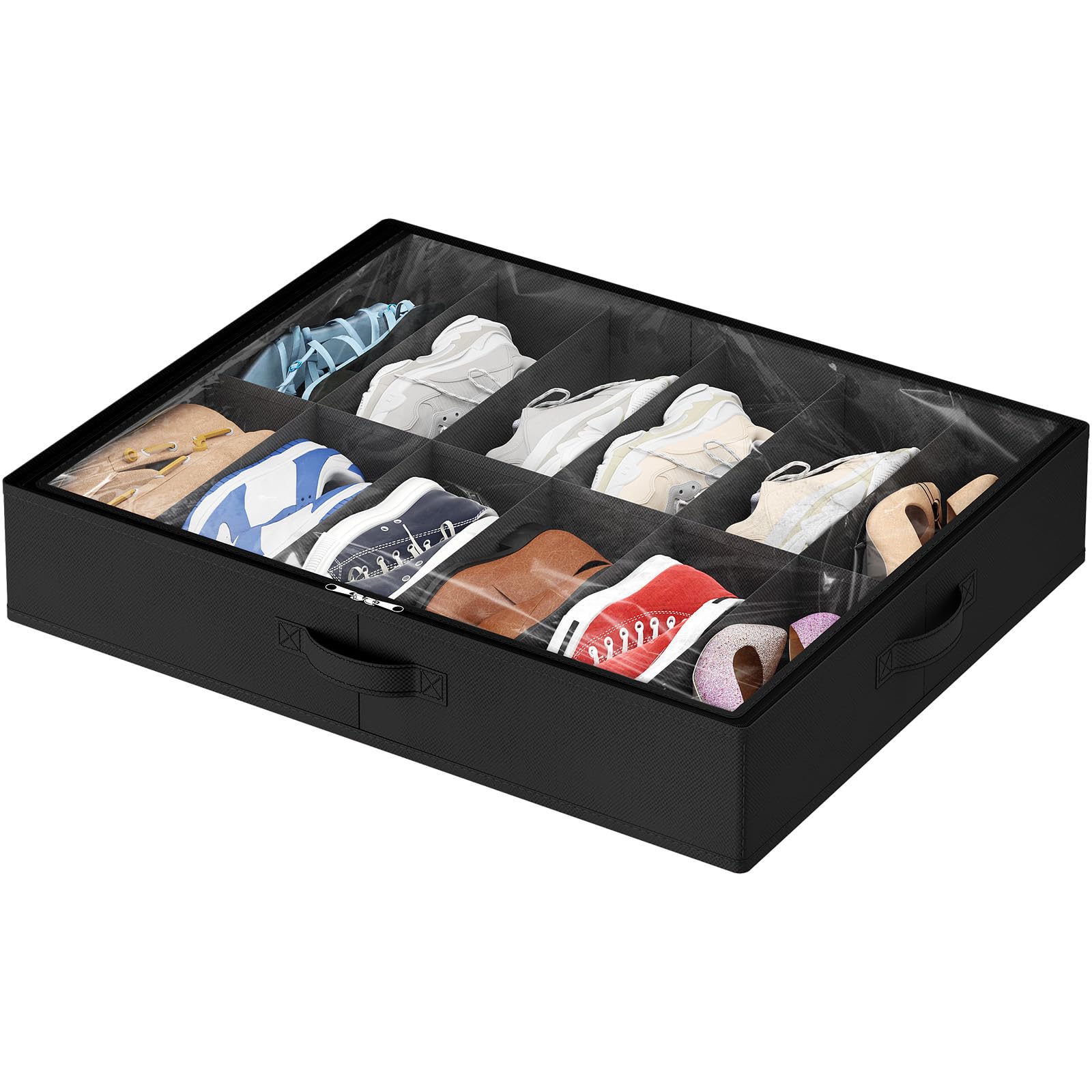 Lifewit Under Bed Shoe Storage Organizer 2 Pack(12 Shoes Cells), 4.3 Inches Profile Fabric Shoes Container Box with Clear Cover, Foldable Storage Bag with 2 Handles, Fits 12 to 24 Pairs