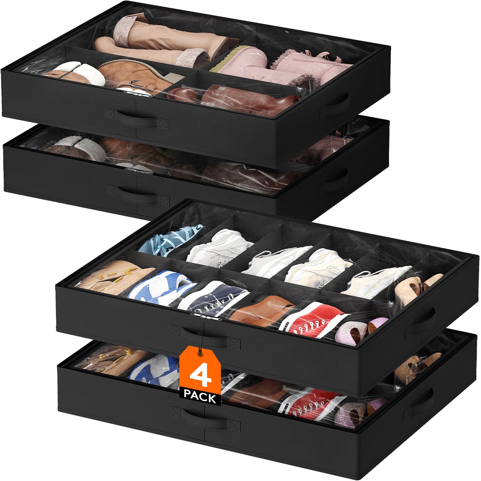 Lifewit Under Bed Shoe Storage Organizer 2 Pack(12 Shoes Cells), 4.3 Inches Profile Fabric Shoes Container Box with Clear Cover, Foldable Storage Bag with 2 Handles, Fits 12 to 24 Pairs