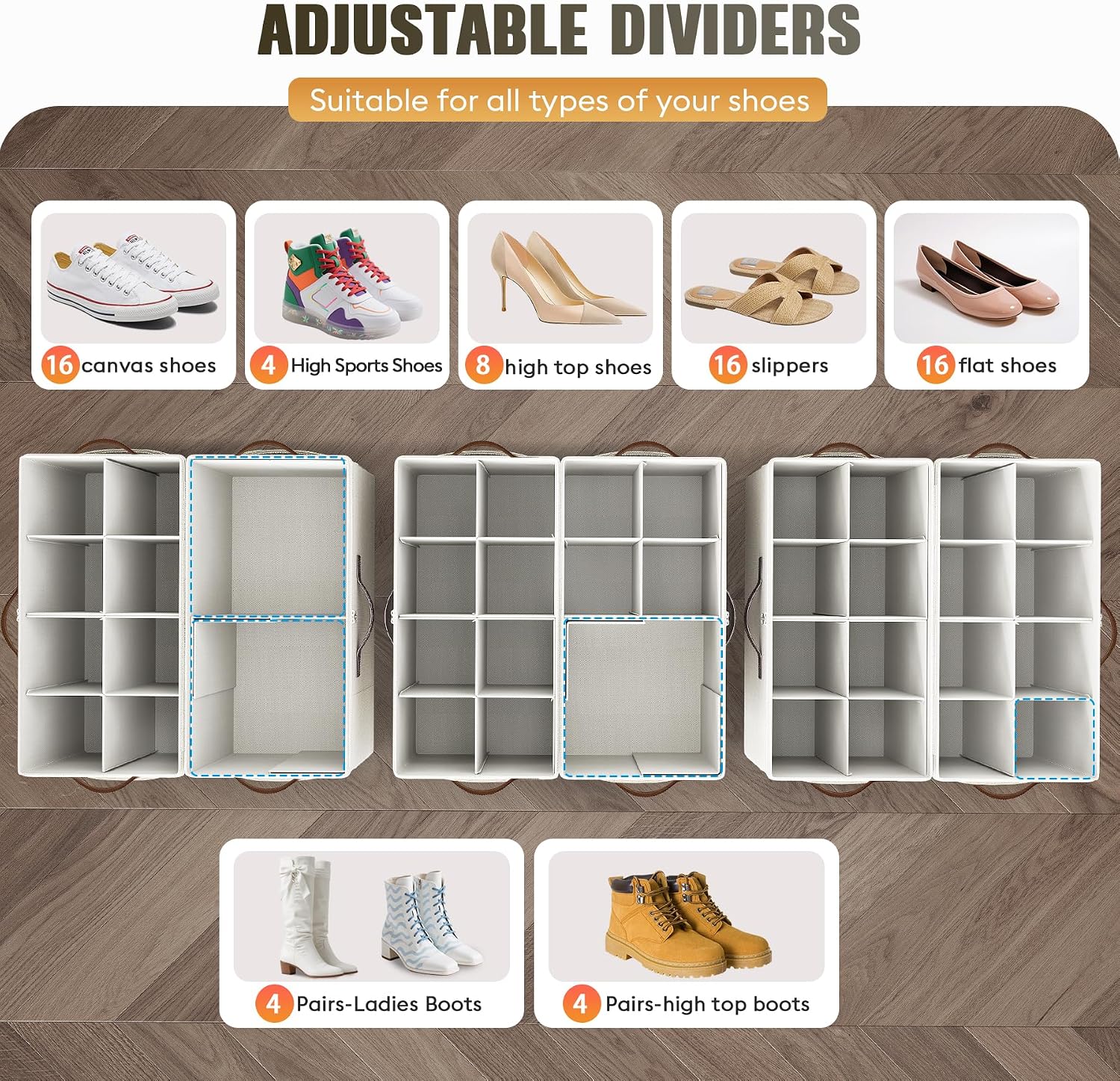 2 Pack Shoe Organizer for Closet, Foldable Shoe Storage with Adjustable | Farbic shoe storage organizer box bin with clear cover, fits up to 16 pairs, shoe storage box for closet, entryway, beige