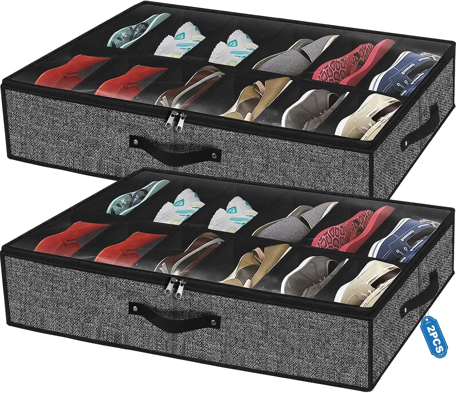 Under Bed Shoe Storage Organizer for Closet Fits 24 Pairs-Sturdy Underbed Shoe Storage Box Bins,Set of 2 (Linen-like Black)