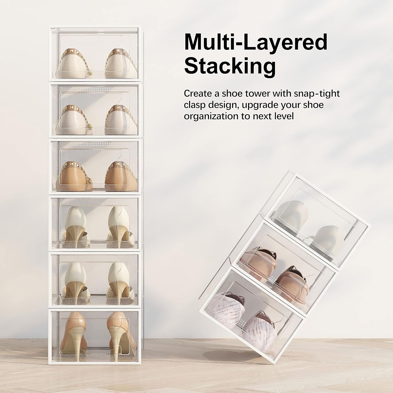 12 Pack Shoe Storage Box, Clear Plastic Stackable Shoe Organizer for Closet, Space Saving Foldable Shoe Rack Sneaker Container Bin Holder