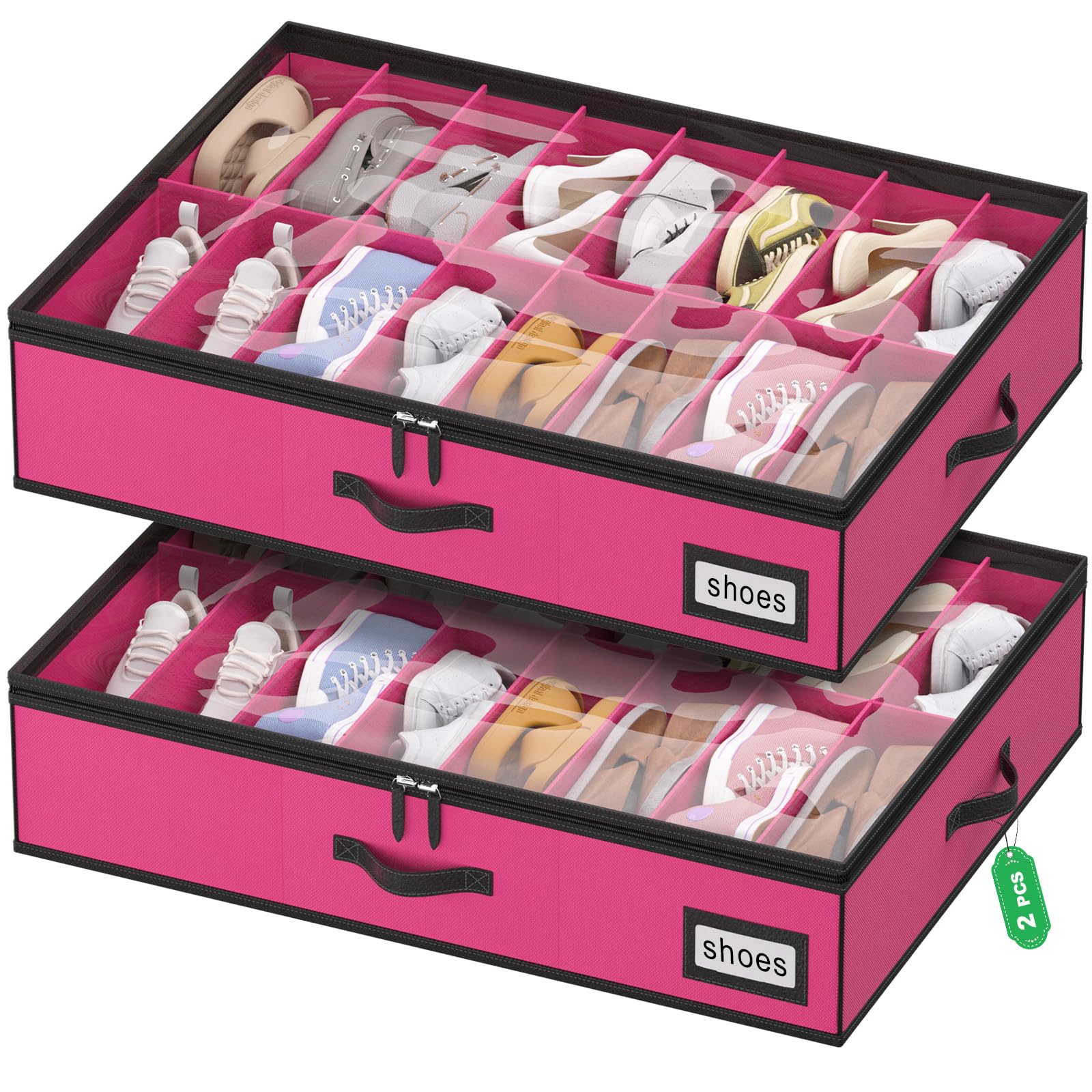 Under Bed Shoe Storage Organizer for Closet Fits 24 Pairs-Sturdy Underbed Shoe Storage Box Bins,Set of 2 (Linen-like Black)