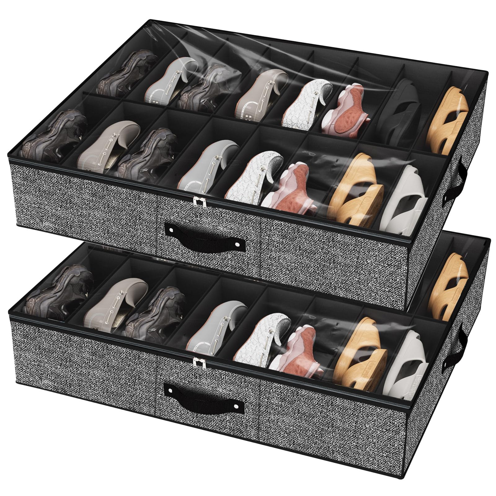 Under Bed Shoe Storage Organizer for Closet Fits 24 Pairs-Sturdy Underbed Shoe Storage Box Bins,Set of 2 (Linen-like Black)