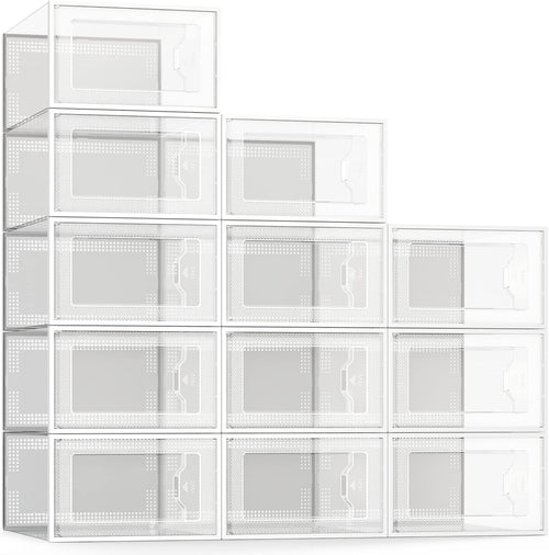 12 Pack Shoe Storage Box, Clear Plastic Stackable Shoe Organizer for Closet, Space Saving Foldable Shoe Rack Sneaker Container Bin Holder