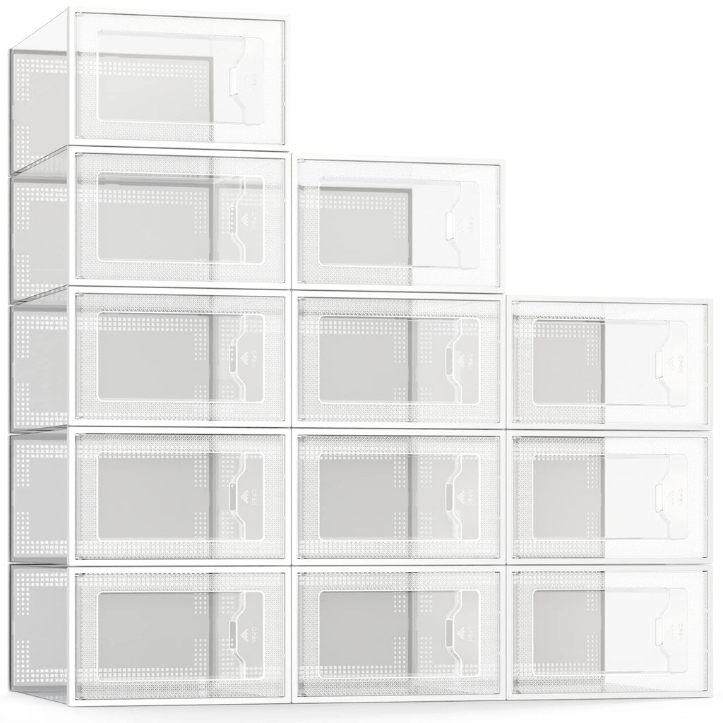 12 Pack Shoe Storage Box, Clear Plastic Stackable Shoe Organizer for Closet, Space Saving Foldable Shoe Rack Sneaker Container Bin Holder