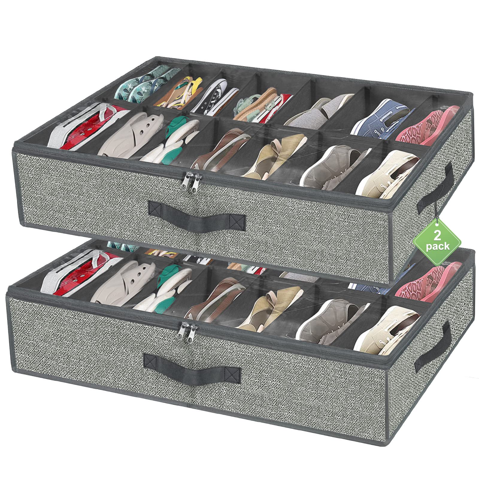Under Bed Shoe Storage Organizer for Closet Fits 24 Pairs-Sturdy Underbed Shoe Storage Box Bins,Set of 2 (Linen-like Black)