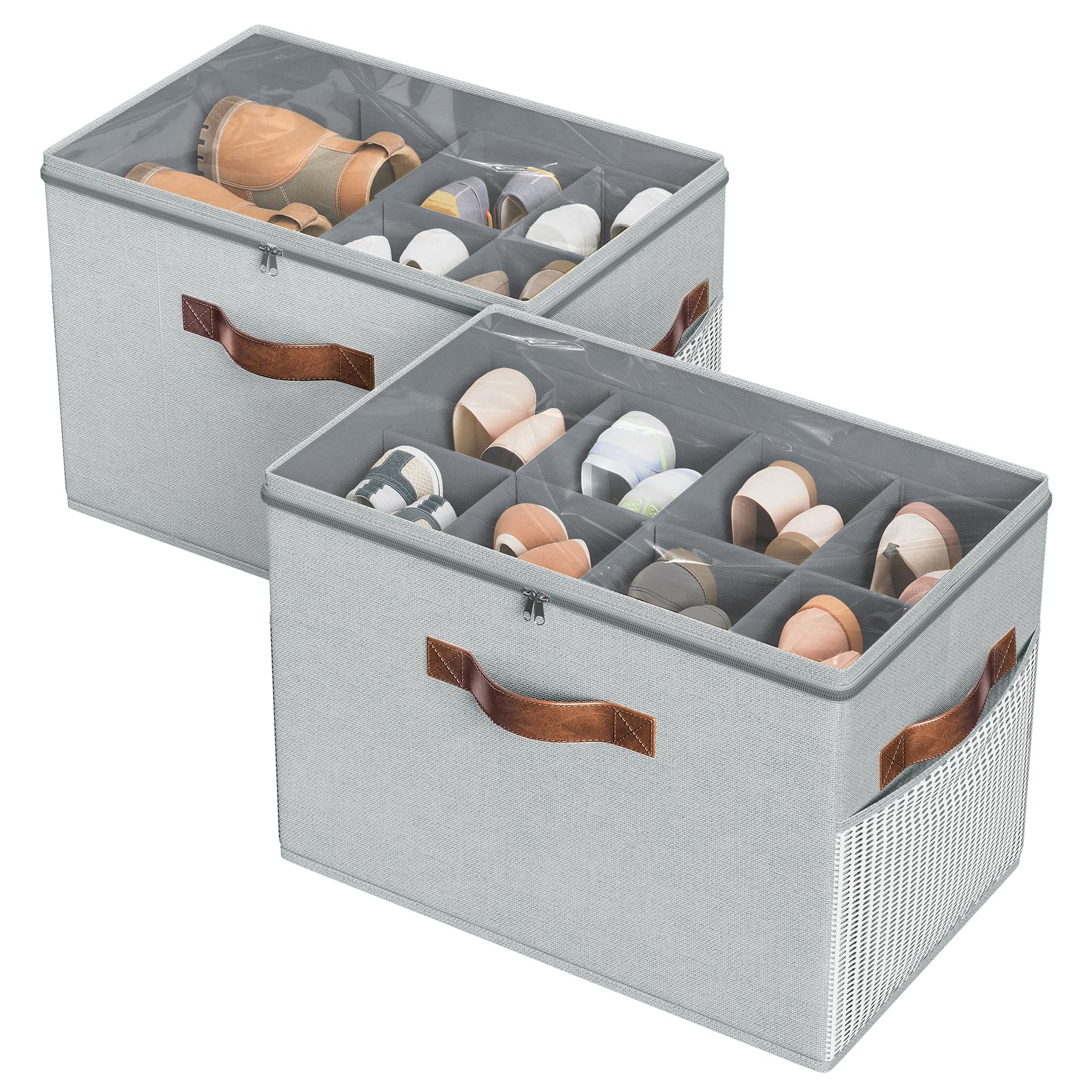 2 Pack Shoe Organizer for Closet, Foldable Shoe Storage with Adjustable | Farbic shoe storage organizer box bin with clear cover, fits up to 16 pairs, shoe storage box for closet, entryway, beige