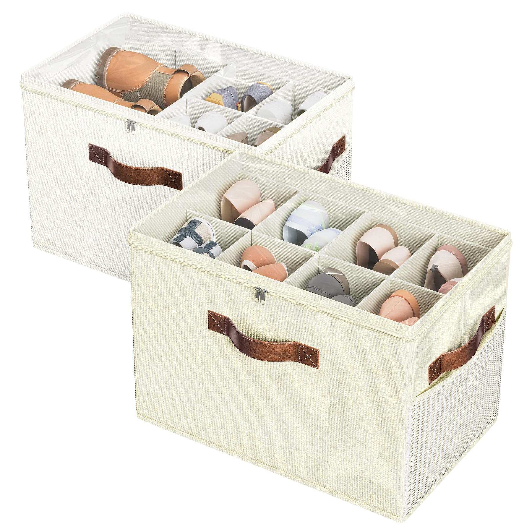2 Pack Shoe Organizer for Closet, Foldable Shoe Storage with Adjustable | Farbic shoe storage organizer box bin with clear cover, fits up to 16 pairs, shoe storage box for closet, entryway, beige