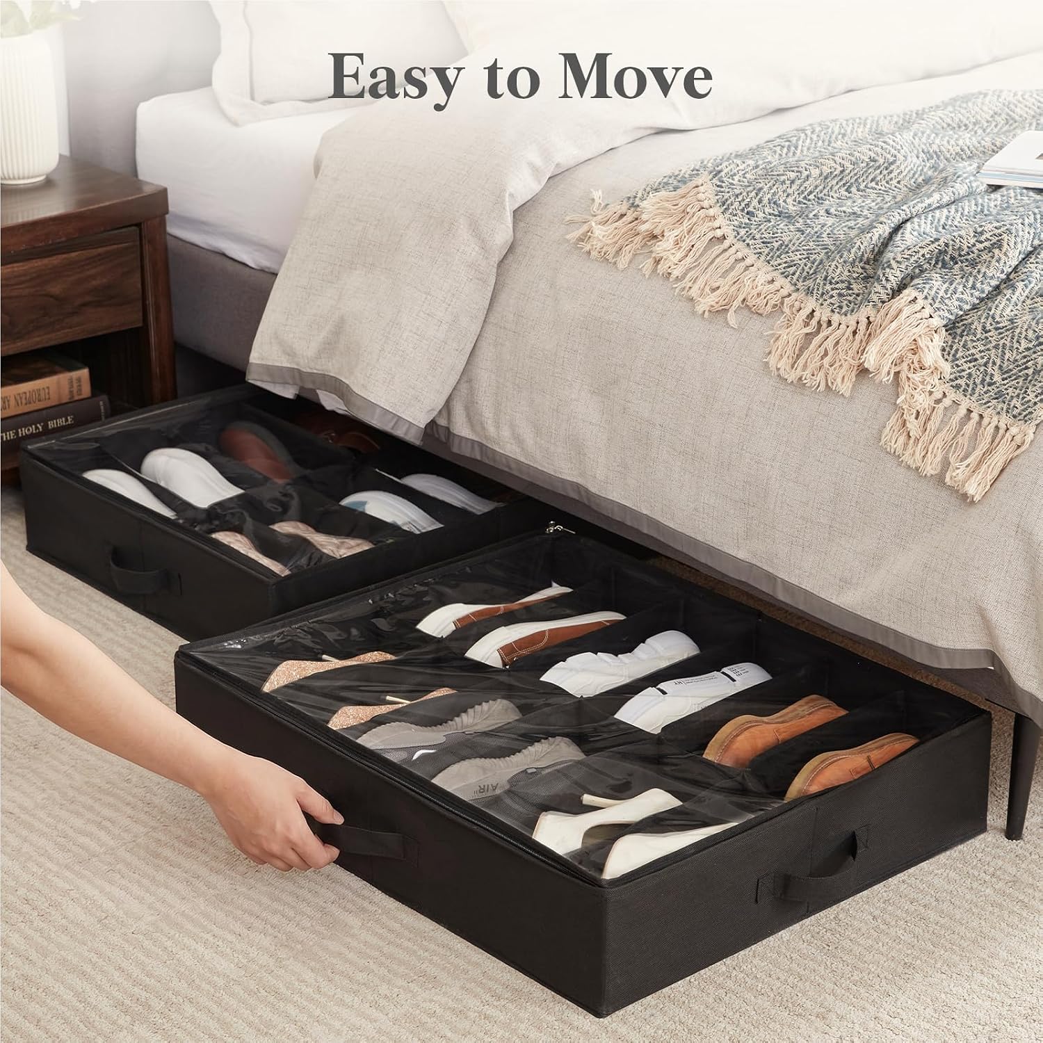 Lifewit Under Bed Shoe Storage Organizer 2 Pack(12 Shoes Cells), 4.3 Inches Profile Fabric Shoes Container Box with Clear Cover, Foldable Storage Bag with 2 Handles, Fits 12 to 24 Pairs