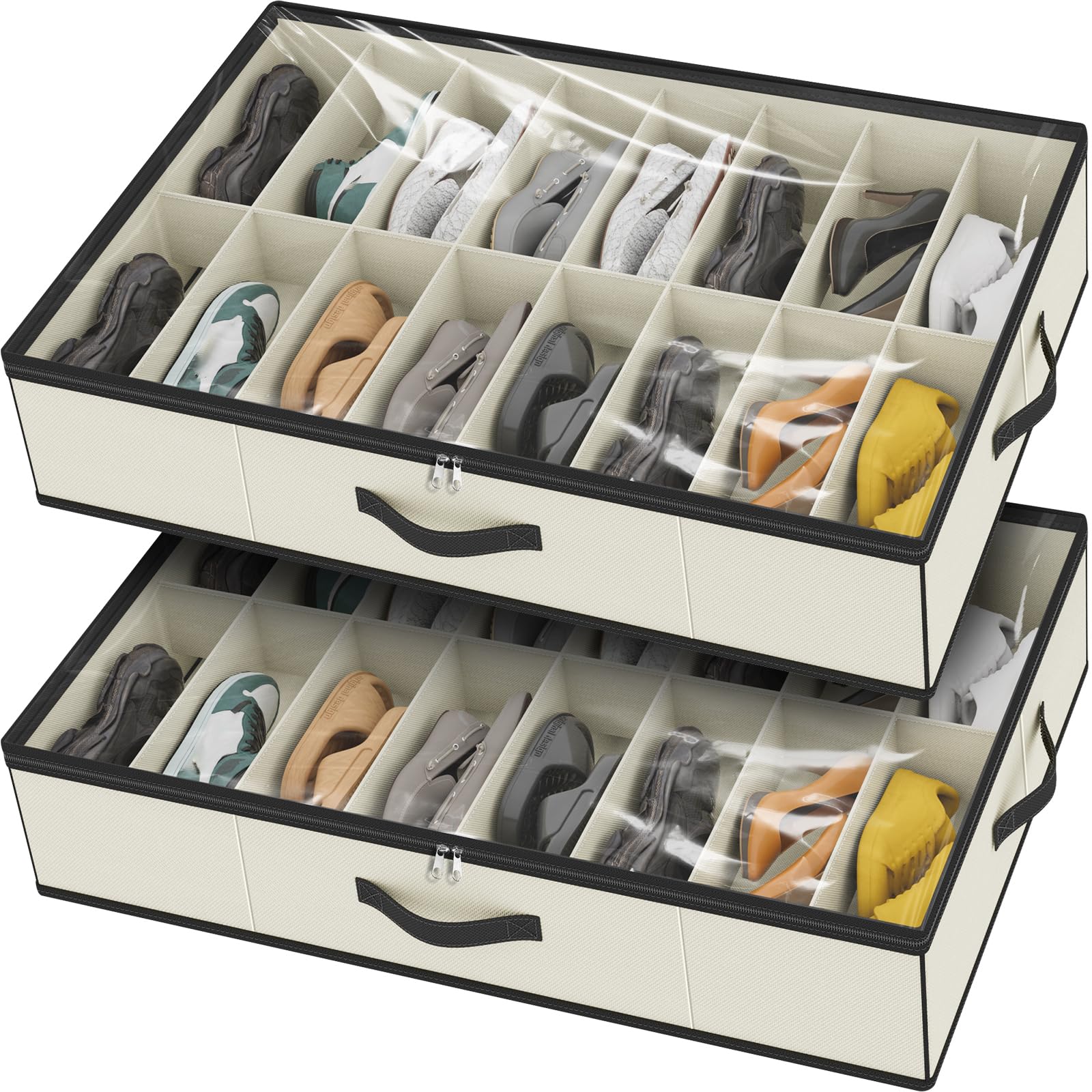 Under Bed Shoe Storage Organizer for Closet Fits 24 Pairs-Sturdy Underbed Shoe Storage Box Bins,Set of 2 (Linen-like Black)