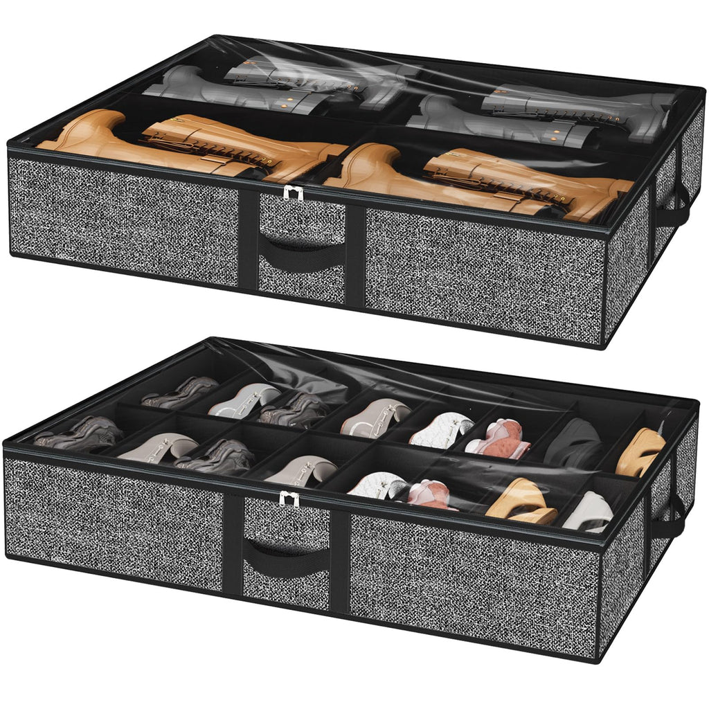 Under Bed Shoe Storage Organizer for Closet Fits 24 Pairs-Sturdy Underbed Shoe Storage Box Bins,Set of 2 (Linen-like Black)