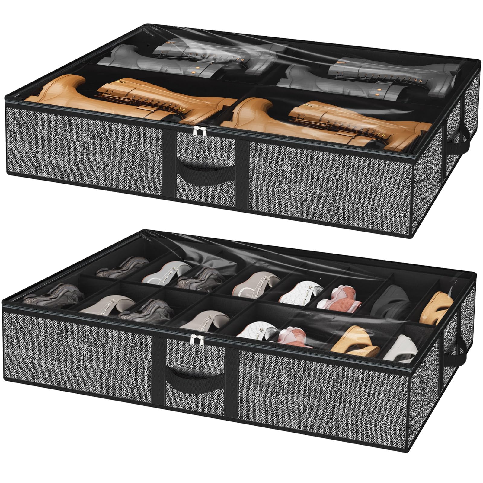 Under Bed Shoe Storage Organizer for Closet Fits 24 Pairs-Sturdy Underbed Shoe Storage Box Bins,Set of 2 (Linen-like Black)