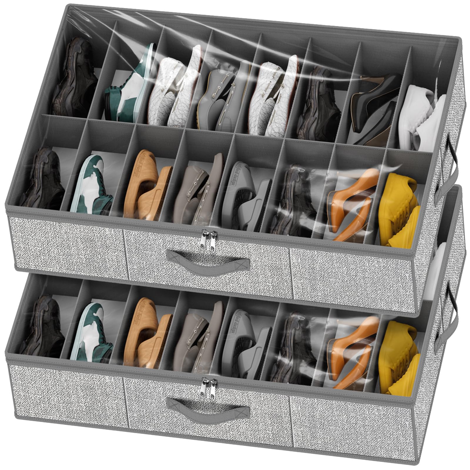 Under Bed Shoe Storage Organizer for Closet Fits 24 Pairs-Sturdy Underbed Shoe Storage Box Bins,Set of 2 (Linen-like Black)