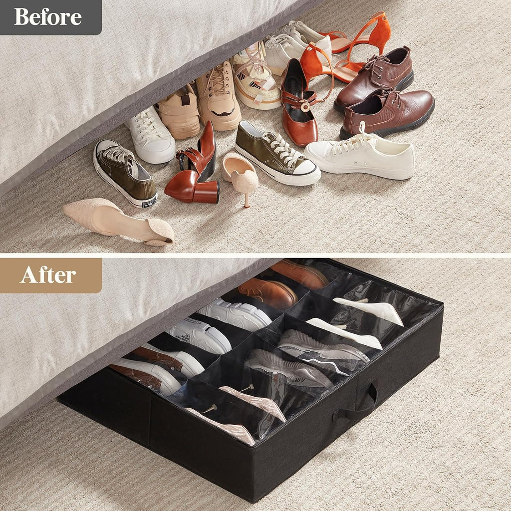 Lifewit Under Bed Shoe Storage Organizer 2 Pack(12 Shoes Cells), 4.3 Inches Profile Fabric Shoes Container Box with Clear Cover, Foldable Storage Bag with 2 Handles, Fits 12 to 24 Pairs