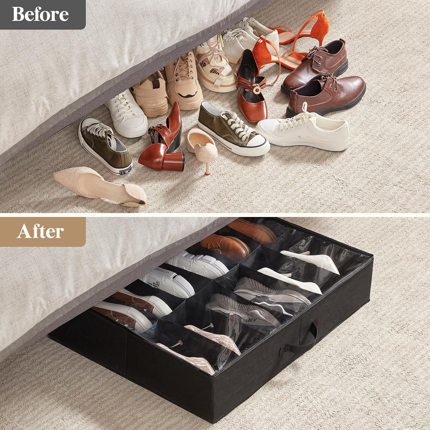 Lifewit Under Bed Shoe Storage Organizer 2 Pack(12 Shoes Cells), 4.3 Inches Profile Fabric Shoes Container Box with Clear Cover, Foldable Storage Bag with 2 Handles, Fits 12 to 24 Pairs