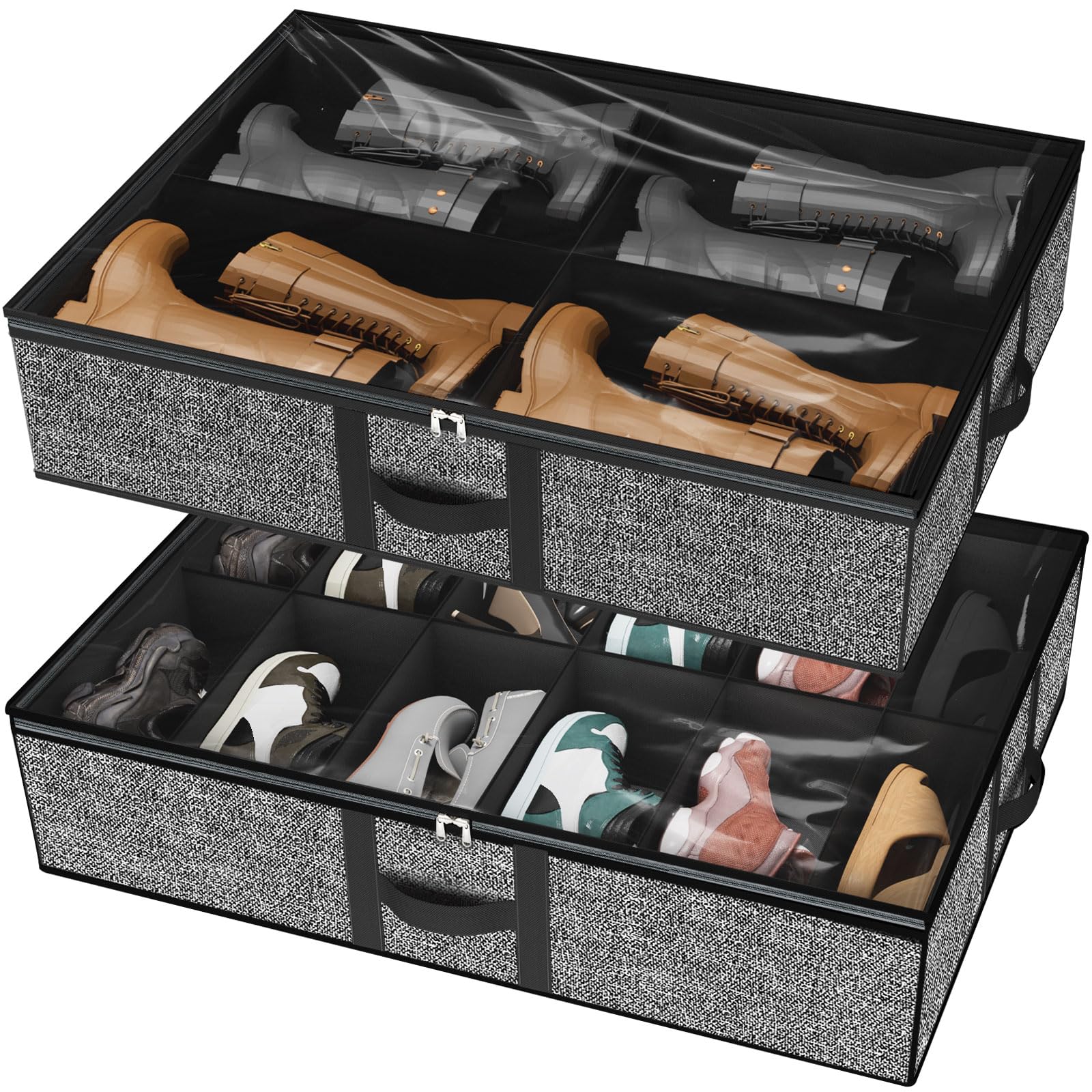 Under Bed Shoe Storage Organizer for Closet Fits 24 Pairs-Sturdy Underbed Shoe Storage Box Bins,Set of 2 (Linen-like Black)