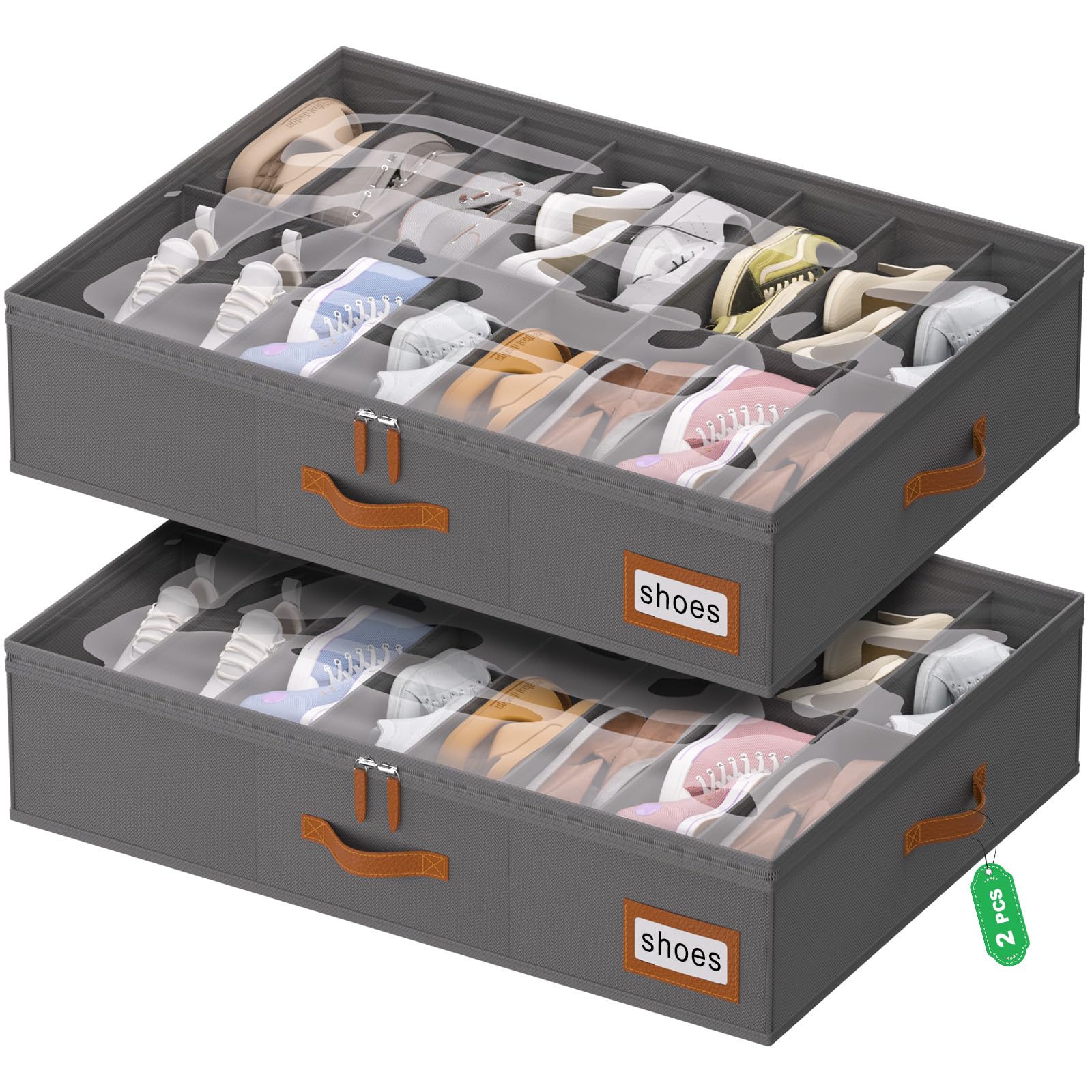 Under Bed Shoe Storage Organizer for Closet Fits 24 Pairs-Sturdy Underbed Shoe Storage Box Bins,Set of 2 (Linen-like Black)