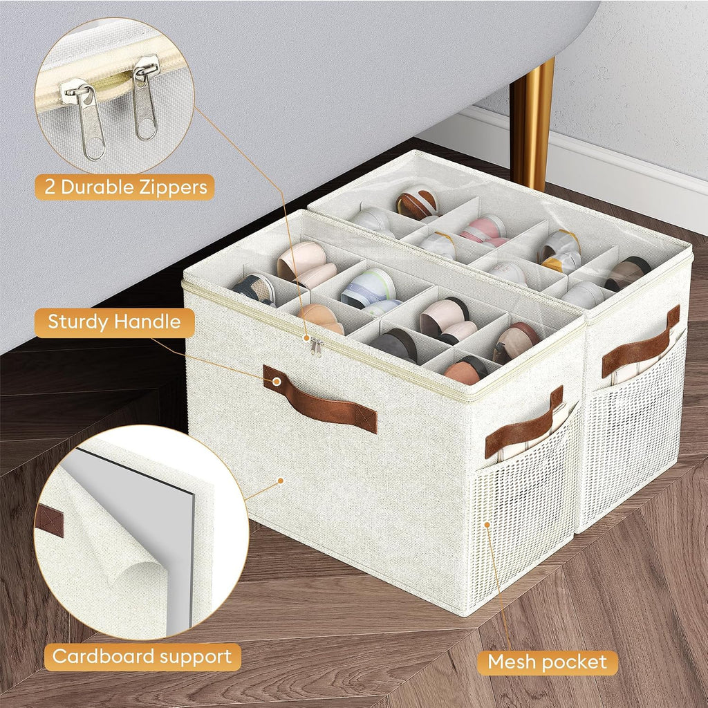 2 Pack Shoe Organizer for Closet, Foldable Shoe Storage with Adjustable | Farbic shoe storage organizer box bin with clear cover, fits up to 16 pairs, shoe storage box for closet, entryway, beige