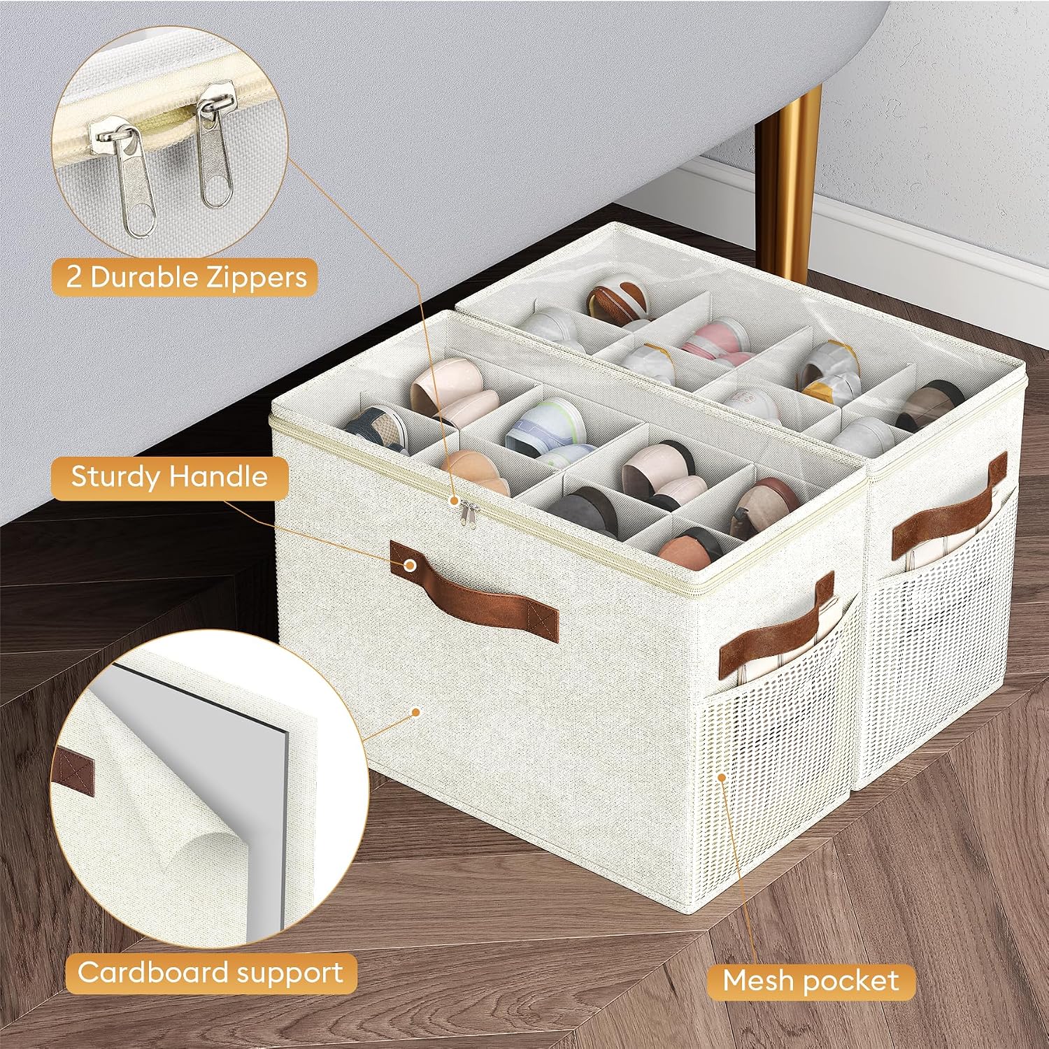 2 Pack Shoe Organizer for Closet, Foldable Shoe Storage with Adjustable | Farbic shoe storage organizer box bin with clear cover, fits up to 16 pairs, shoe storage box for closet, entryway, beige