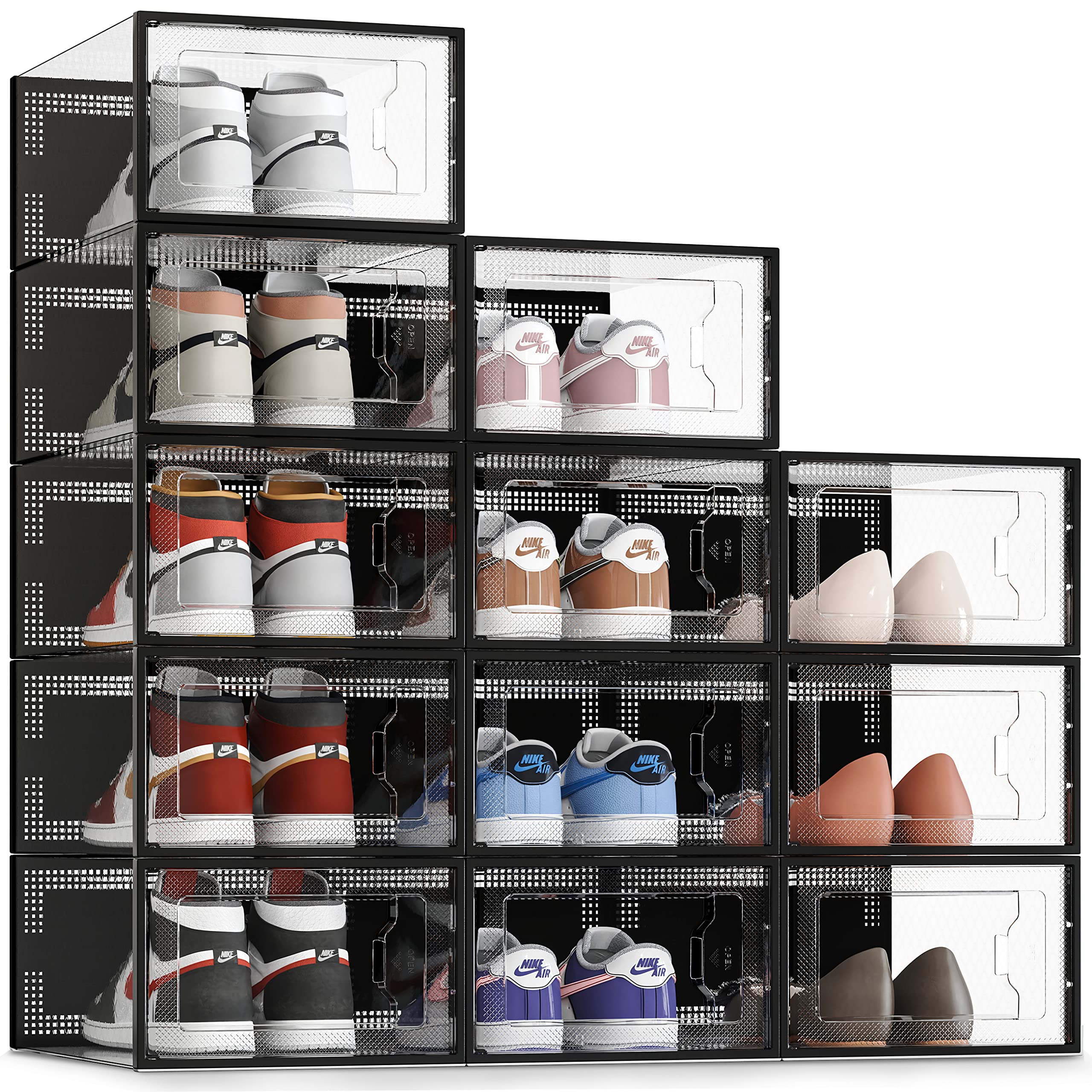 12 Pack Shoe Storage Box, Clear Plastic Stackable Shoe Organizer for Closet, Space Saving Foldable Shoe Rack Sneaker Container Bin Holder