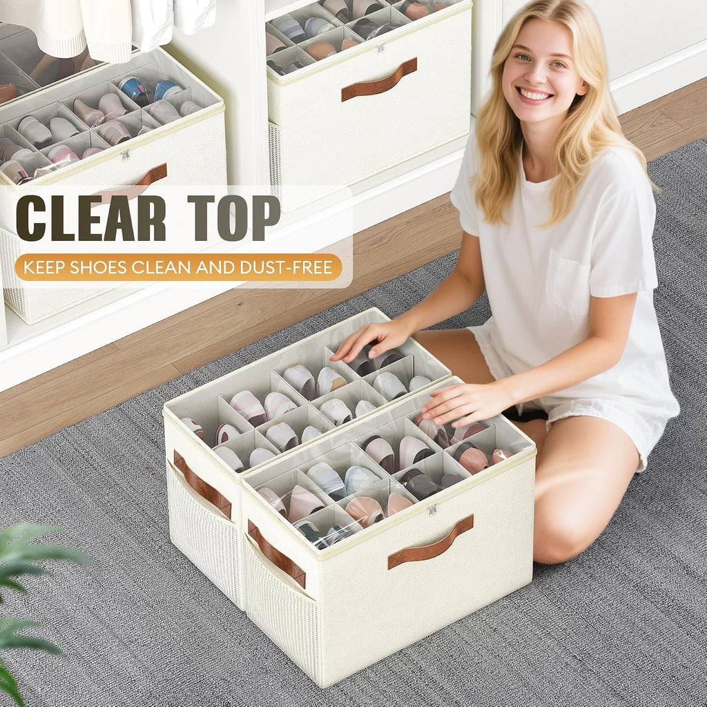 2 Pack Shoe Organizer for Closet, Foldable Shoe Storage with Adjustable | Farbic shoe storage organizer box bin with clear cover, fits up to 16 pairs, shoe storage box for closet, entryway, beige