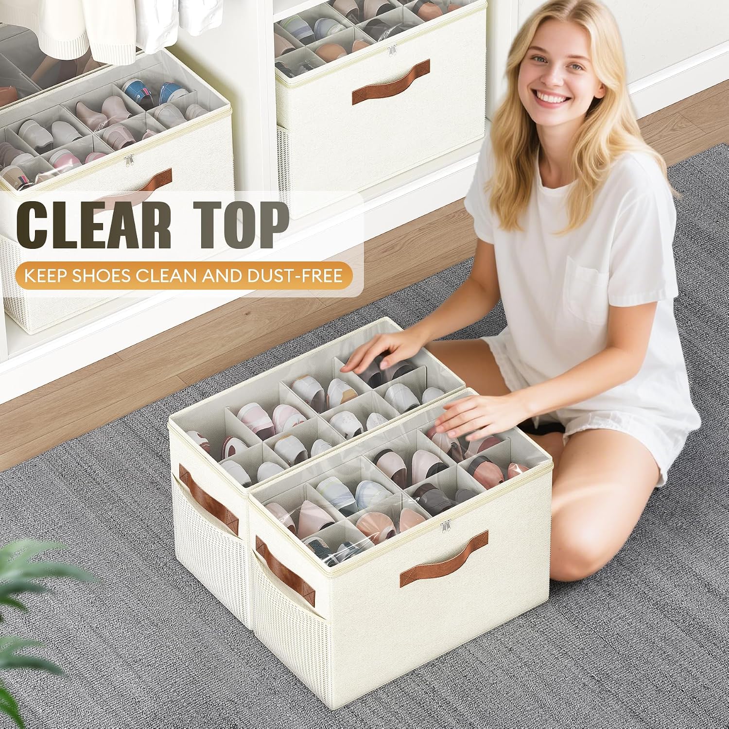 2 Pack Shoe Organizer for Closet, Foldable Shoe Storage with Adjustable | Farbic shoe storage organizer box bin with clear cover, fits up to 16 pairs, shoe storage box for closet, entryway, beige