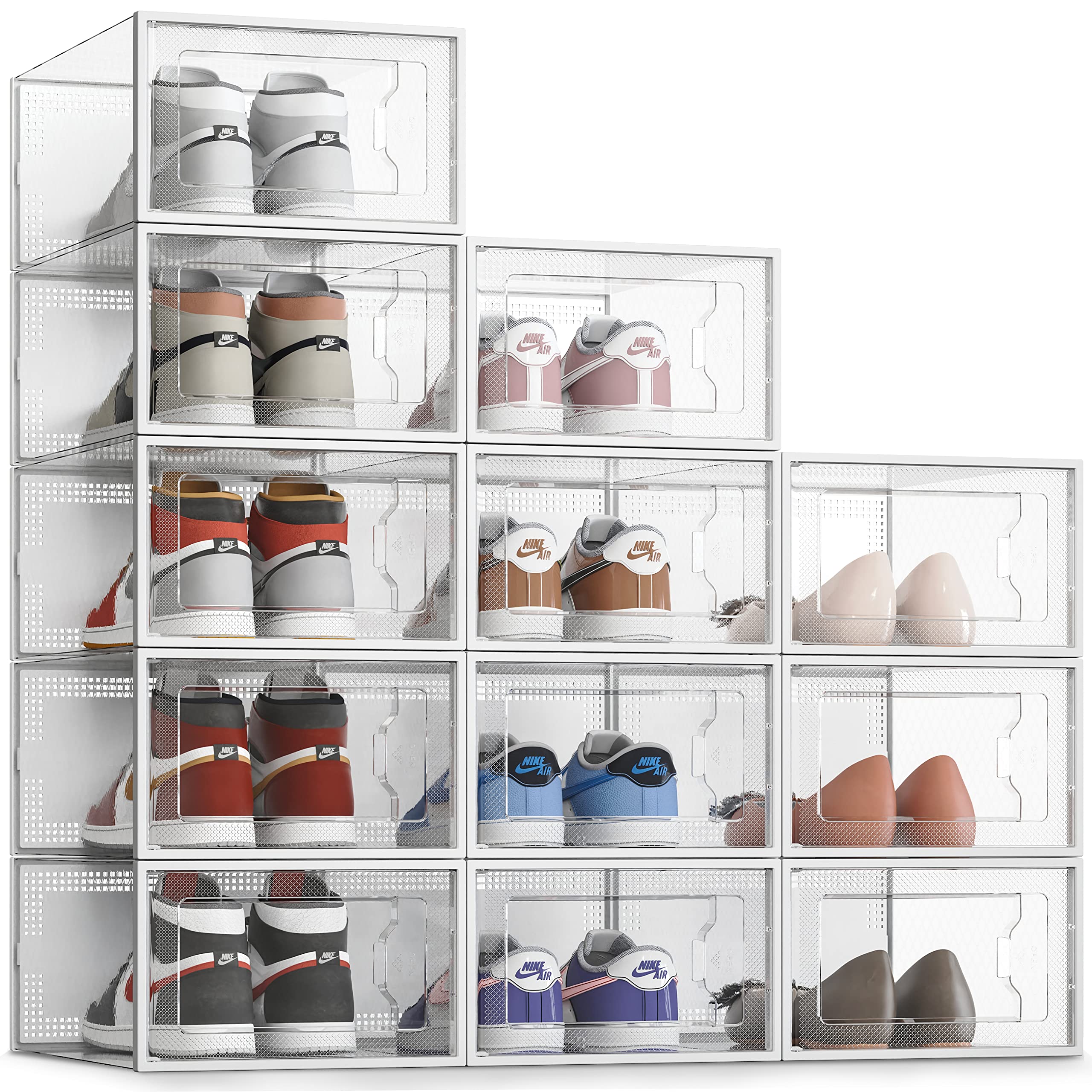12 Pack Shoe Storage Box, Clear Plastic Stackable Shoe Organizer for Closet, Space Saving Foldable Shoe Rack Sneaker Container Bin Holder