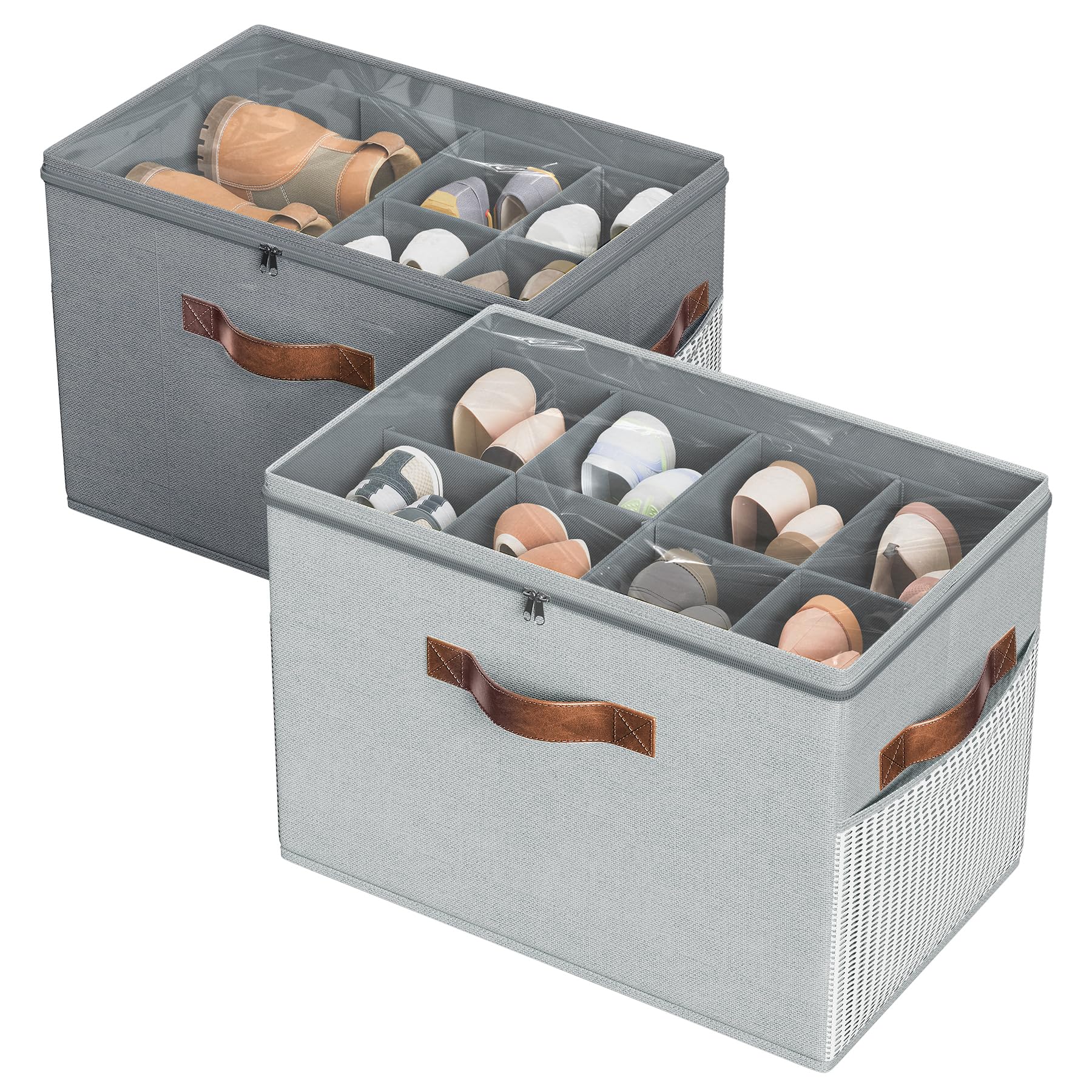 2 Pack Shoe Organizer for Closet, Foldable Shoe Storage with Adjustable | Farbic shoe storage organizer box bin with clear cover, fits up to 16 pairs, shoe storage box for closet, entryway, beige