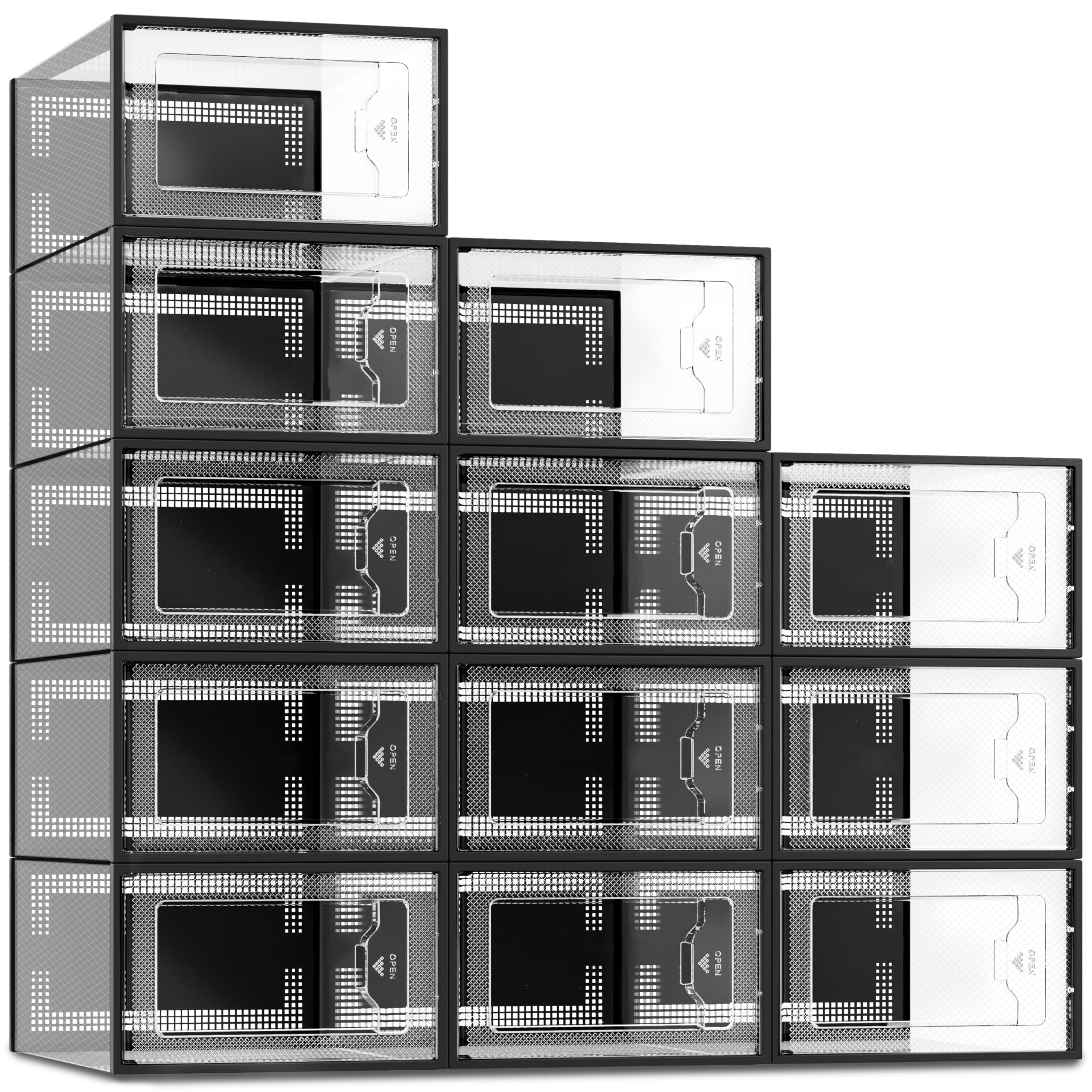 12 Pack Shoe Storage Box, Clear Plastic Stackable Shoe Organizer for Closet, Space Saving Foldable Shoe Rack Sneaker Container Bin Holder